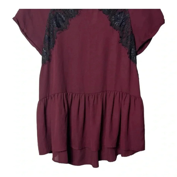 0382W. REWIND SHORT SLEEVE LACE/RUFFLES BLOUSE MAROON/BLACK IN‎ COLOR SIZE SMALL - Picture 4 of 9